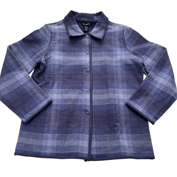 Denim & Co. Plaid Snap Jacket Medium 100% Cotton Blue & Gray Womens Flannel Coat - Picture 1 of 11